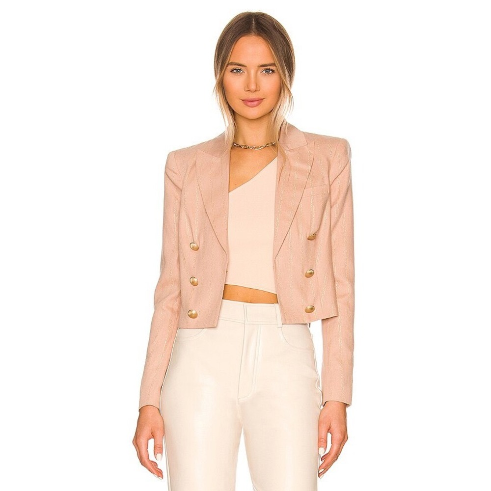 L'AGENCE Inez Cropped Blazer Womens 6 Linen Metallic‎ Pinstripe Luxury Neutral